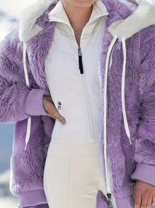 SHEIN Chaqueta de sudadera minimalista de manga larga con cremallera frontal y parches de color liso en talla grande - Lila Púrpura - Ver 1