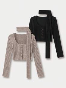 SHEIN Unity 2入組女式大圓領長袖t恤並配有圍巾 - 彩色 - 查看 1