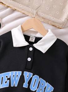 SHEIN 女孩專屬拱形字母撞色立領街頭風休閒運動連帽衫 - 黑色 - 查看 7