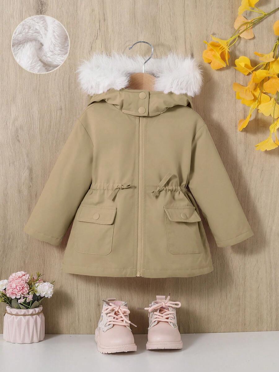 SHEIN Em bé Cô gái Dày lên Áo trùm đầu Với Vòng cổ , Ngoài trời Giải trí Phong cách - Màu Khaki - Xem 1