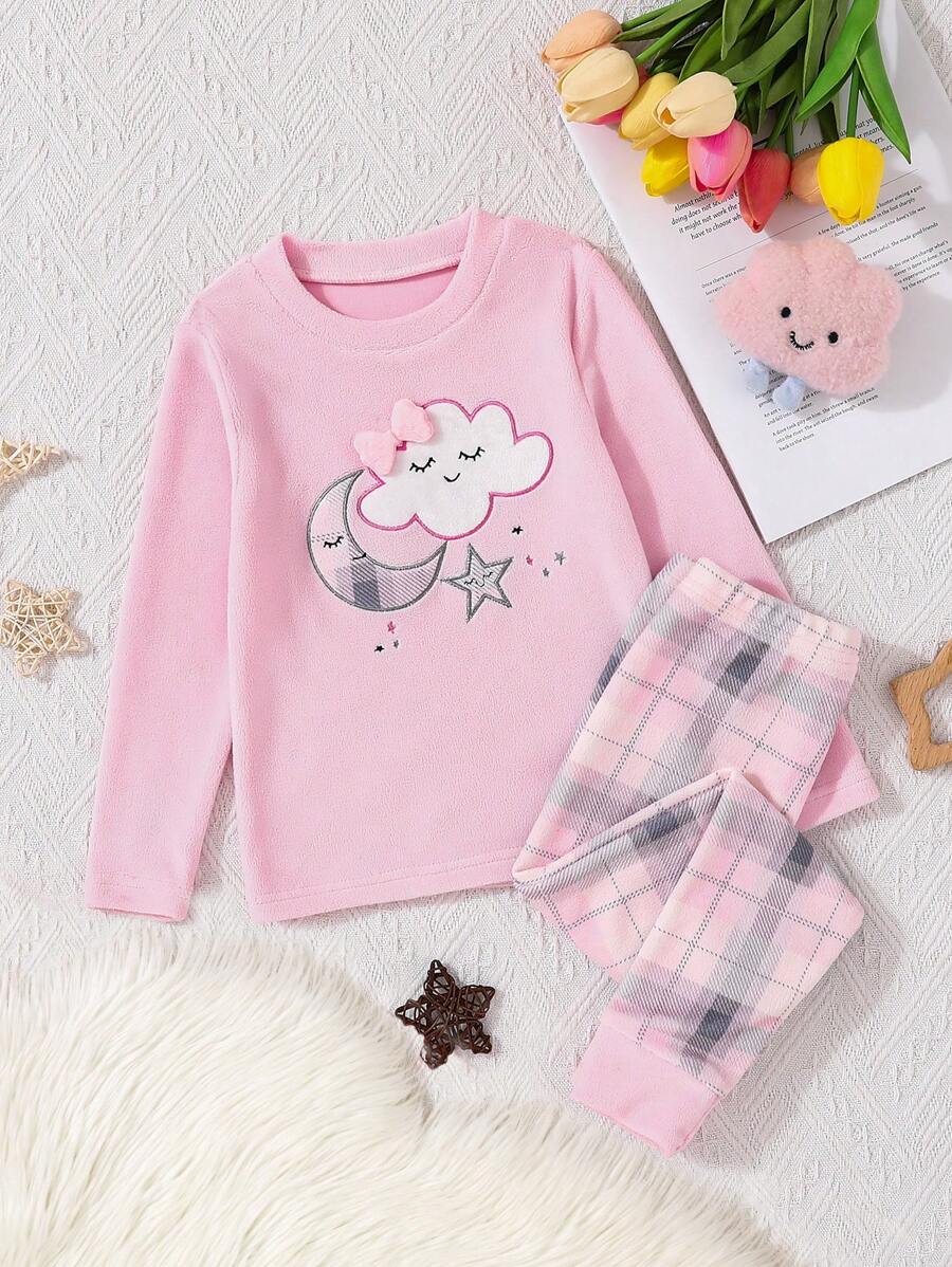 SHEIN Young Girl Cute Rabbit Printed Thermal Fleece Snug Fit Pajamas Set - Pink - View 1