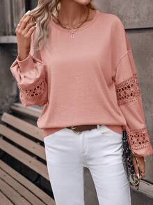 SHEIN Clasi Ren Vá lại Thả vai Màu thuần Giải trí Áo nỉ - Hồng - Xem 4