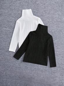 SHEIN 2pcs/Pack Young Girl Basic Solid Color Stand Collar Long Sleeve Top For Autumn And Winter - Black and White - View 2