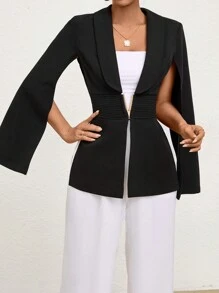 SHEIN Privé 女式披肩袖褶皺腰部外套 - 黑色 - 查看 3