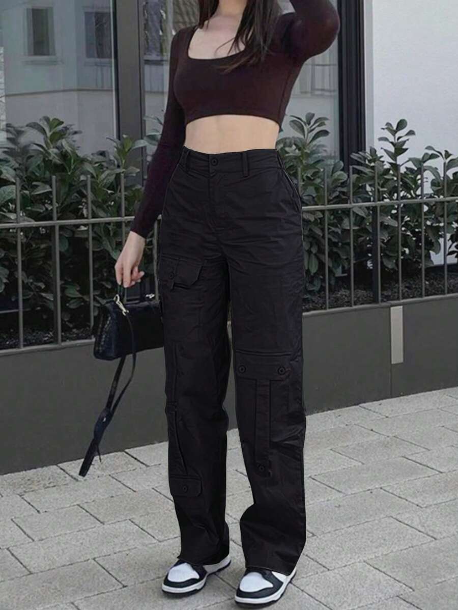 Solid Flap Pocket Side Cargo Pants - Black - View 1