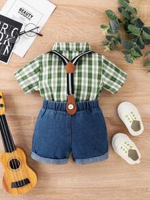 Conjunto De Camisa A Cuadros Y Pantalones Cortos Overoles Envejecidos Para Bebés Masculinos - Verde - Ver 2