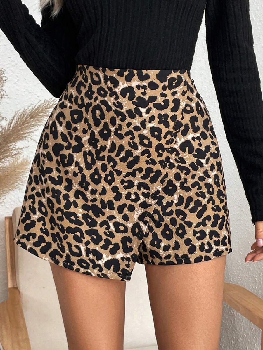 SHEIN LUNE Quần váy xòe họa tiết da báo không đối xứng cho nữ - Cà phê nâu - Xem 1