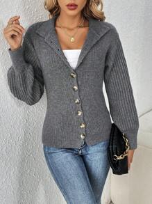 SHEIN LUNE Stand Collar Button Front Cardigan - Dark Grey - View 5