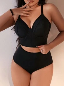 SHEIN 大尺碼純色鋼圈背心文胸套裝 - 黑色 - 查看 3