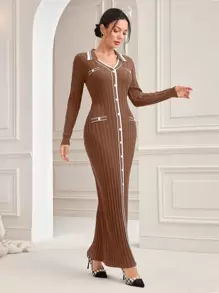 Modelyn Vestido Con Cuello En V, Bloques De Color Con Ribete Contrastante - Camel - Ver 4