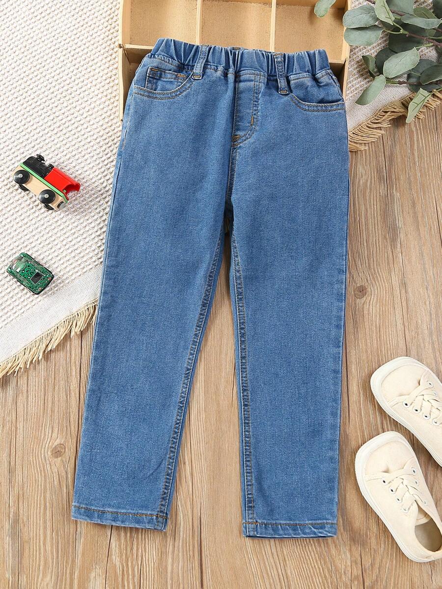 Pantalones vaqueros de verano para niños pequeños de unicolor con diseño simple y casual - Azul lavado medio - Ver 1