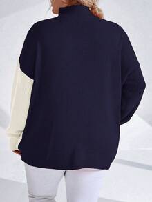 Celure Plus Size Women's Colorblock Asymmetrical Hem Sweater - Navy Blue - View 2