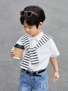 SHEIN 男童舒適短袖純色襯衫,條紋披肩,休閒風格 - 白色 - 查看 4