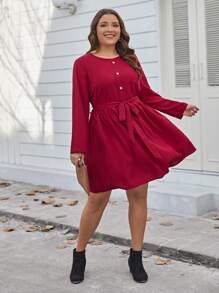 SHEIN LUNE Plus Size Women's Round Neck Long Sleeve Dress With Belt - Red - View 7