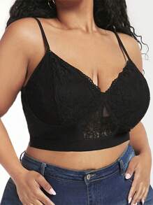 SHEIN CURVE+ Áo hai dây Plus Size Tương phản ren màu trơn Giải trí - màu đen - Xem 2