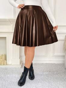 SHEIN Frenchy Plus Size High-Waisted Pu Leather Flared Skirt - Coffee Brown - View 1