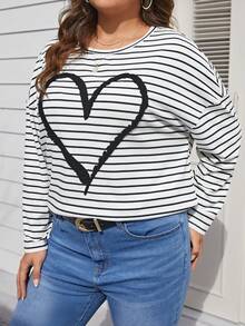SHEIN LUNE Camiseta Con Estampado De Rayas Y Corazones De Talla Grande - Blanco y Negro - Ver 6