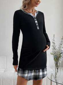 SHEIN Vestido ajustado con escote entallado y manga larga con abertura para mujeres embarazadas - Negro - Ver 2