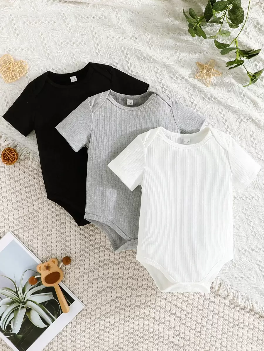 Baby Boy 3pcs/Set Fashionable Casual Solid Color Short Sleeve Bodysuit, Spring & Autumn - Multicolor - View 1