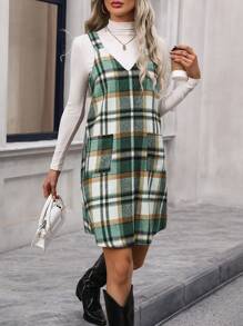 SHEIN Essnce 女式格紋連身裙 - 綠色 - 查看 5