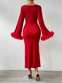 Chiquease 女式荷叶边下摆紧身连衣裙，喇叭袖，褶皱，长款女装 - 紅色 - 查看 2