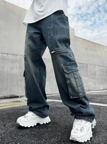 Claim Dot Męskie jeansy cargo z wieloma kieszeniami, gładkie, ciemnoniebieskie, zniszczone, luźne jeansy cargo, dla męża, prezent dla chłopaka, jeansowe spodnie cargo, jeansy cargo, jeansy baggy, 2k - Niebieski - Zobacz 1