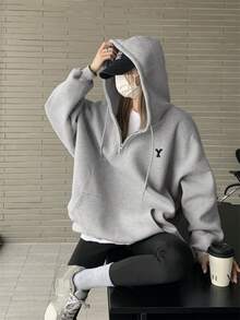 女士休闲字母刺绣半拉链连帽运动衫，秋冬季