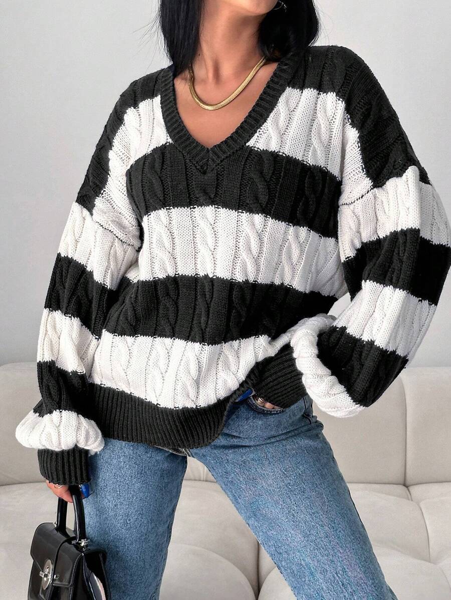 EURMUSE Women's Striped V-neck Sweater - Black - View 1