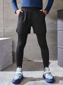 SHEIN 青少年男孩高彈性親膚二合一短褲,黑色,適合室內外運動活動,如瑜珈、跑步、騎自行車和訓練 - 黑色 - 查看 5