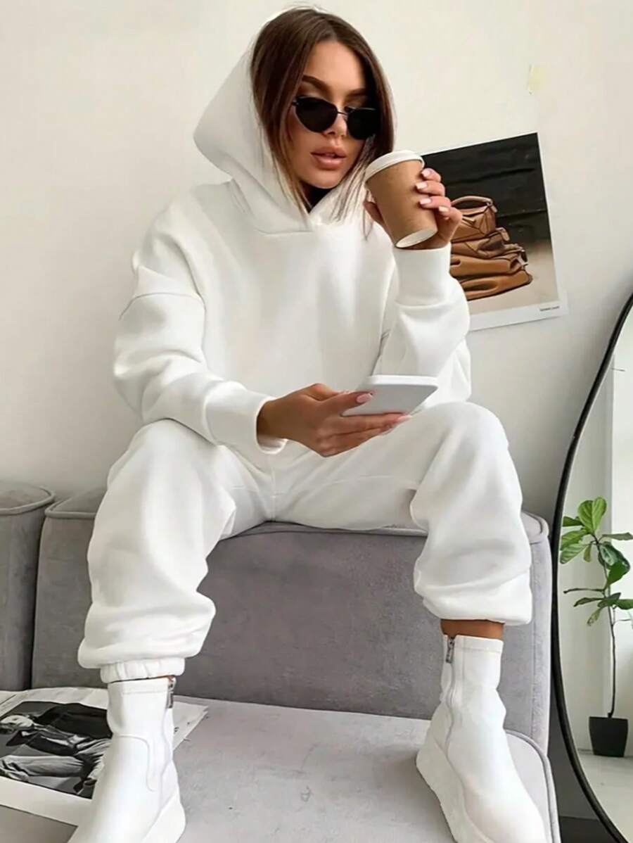 SHEIN EZwear 大尺碼女士純色帽衫和運動長褲兩件套裝 - 白色 - 查看 1