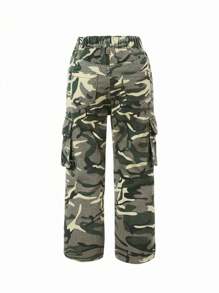 Calça Jeans Retas Cargo de Cintura Elástica Camuflagem Urbana de Rua Y2K para Jovens com Bolsos Lisos