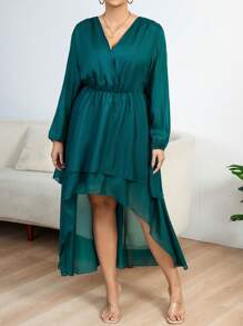 Celure Plus Size Solid Color V-Neck Asymmetrical Hem Fashionable Dress - Dark Green - View 4