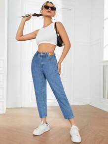 SHEIN PETITE Text Logo Tapered Jeans - Medium Wash - View 4