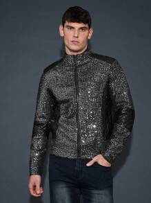 GENTILAND Hombres Cazadora con cremallera con lentejuelas - Negro - Ver 1