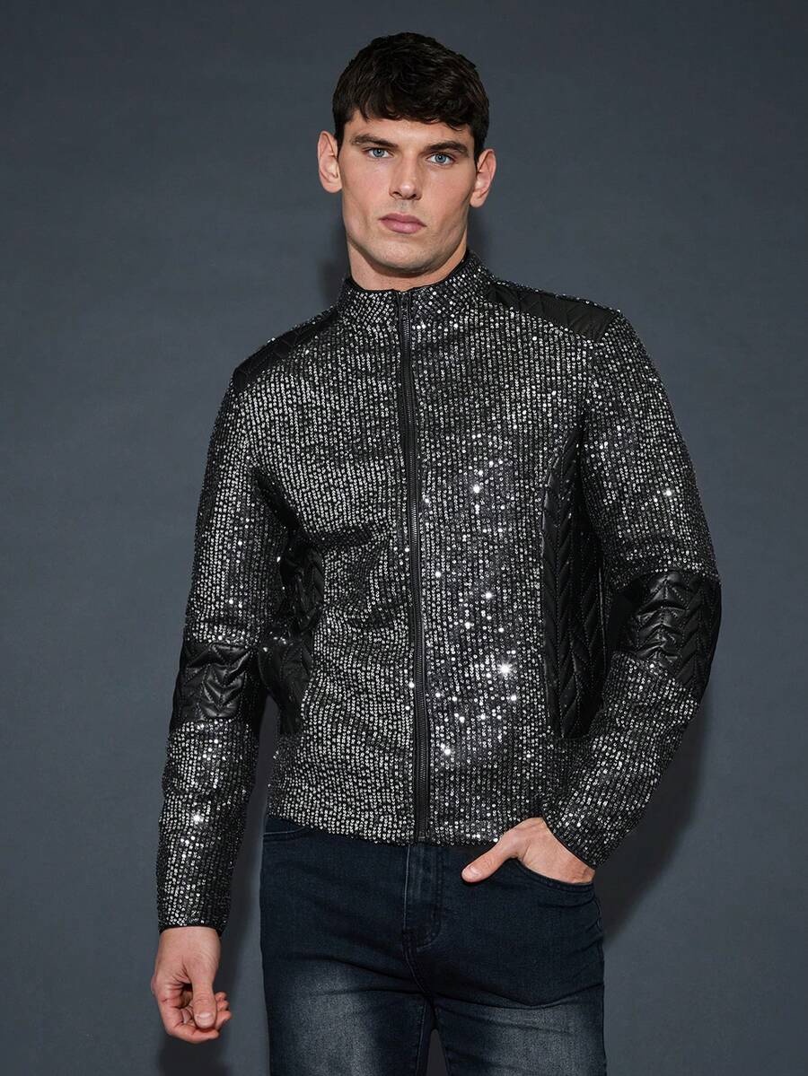 GENTILAND Hombres Cazadora con cremallera con lentejuelas - Negro - Ver 1