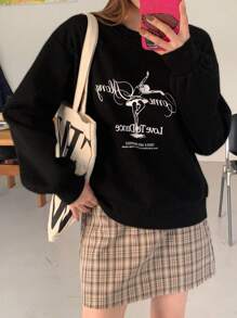 DAZY 女款芭蕾舞印花黑色圓領短運動衫 - 黑色 - 查看 1