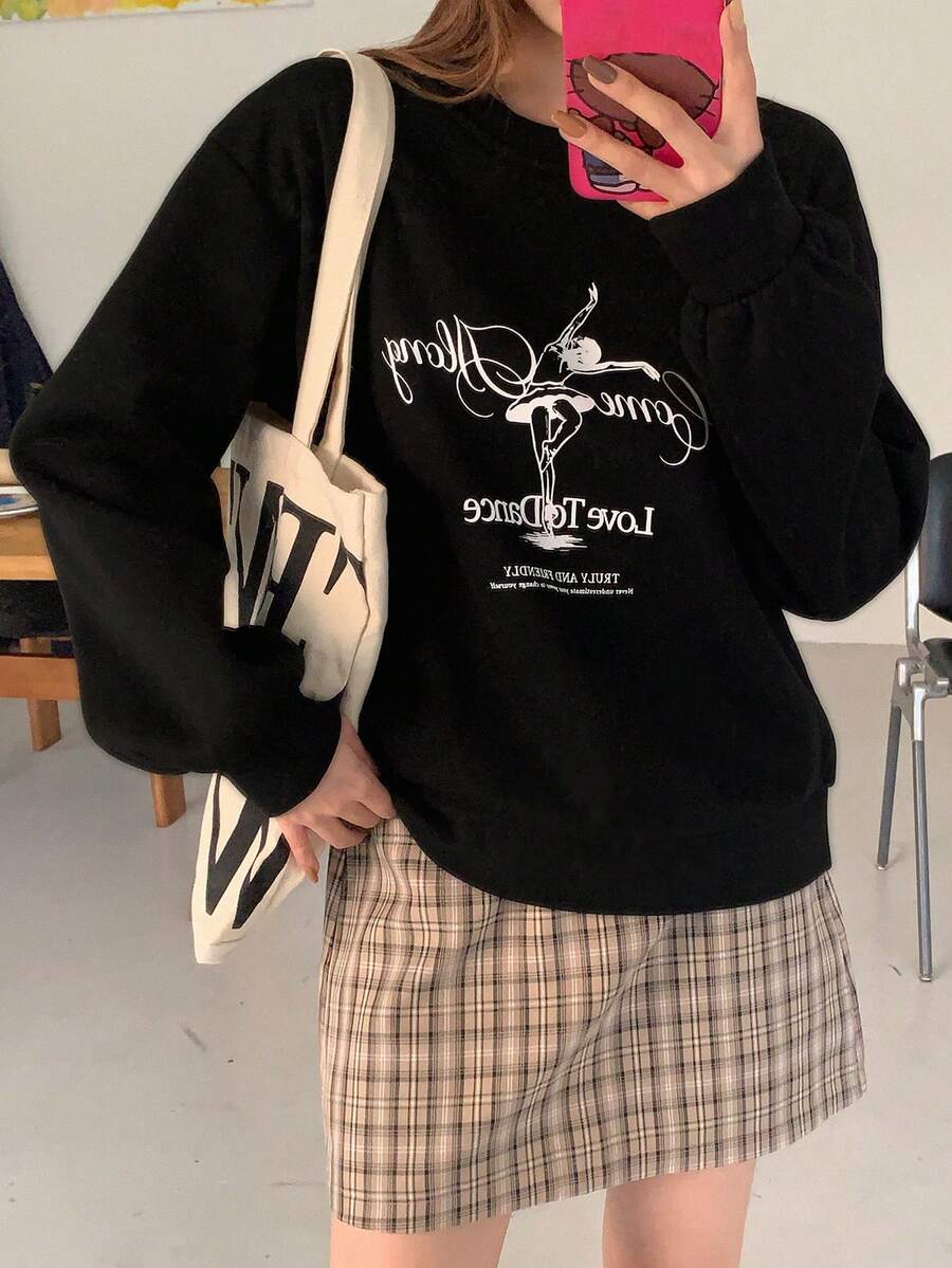 DAZY 女款芭蕾舞印花黑色圓領短運動衫 - 黑色 - 查看 1