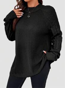 SHEIN Unity Plus Size Asymmetrical Hem Sweater With Raglan Sleeve Knit Pullover Fall Winter - Black - View 7