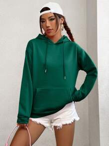 SHEIN EZwear Picture & Slogan Graphic Drawstring Thermal Lined Hoodie - Dark Green - View 2