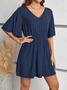 SHEIN Frenchy Women's V-Neck Waist-Cinching Casual Dress Summer Blue