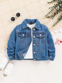 SHEIN 女童可愛藍色寬鬆丹寧夾克,帶有熊印花設計 - 淺色水洗藍 - 查看 2