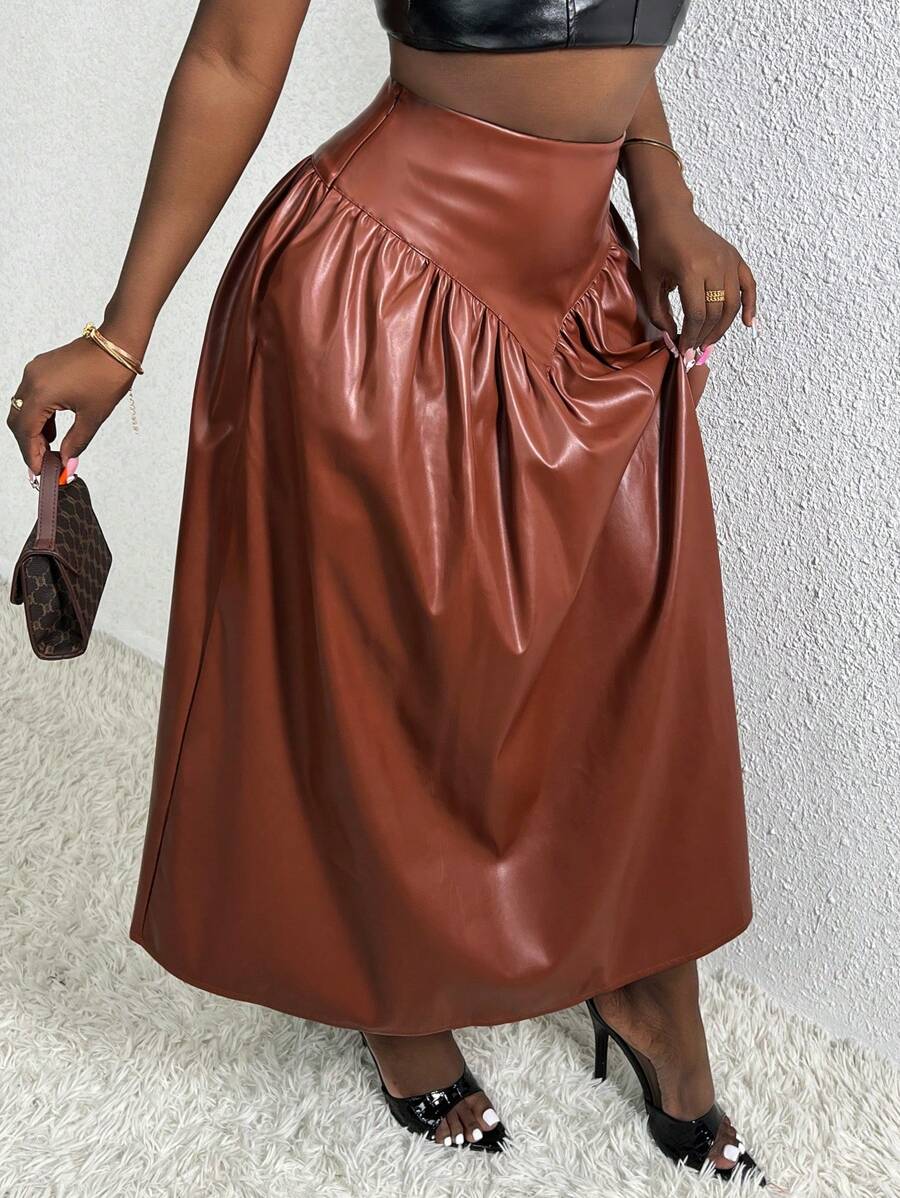 Slaydiva Women's Wide Waist Pleated Pu Skirt - Brown - View 1
