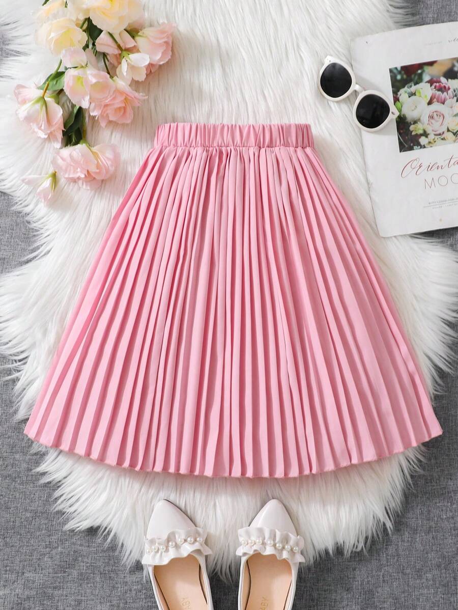 SHEIN Young Girl Pink Pleated Detail Skirt, Suitable For Elegant Style, Autumn - Pink - View 1