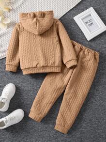SHEIN Little Girls' Hooded Sweatshirt And Jogger Pants Two Piece Set - Khaki - View 2