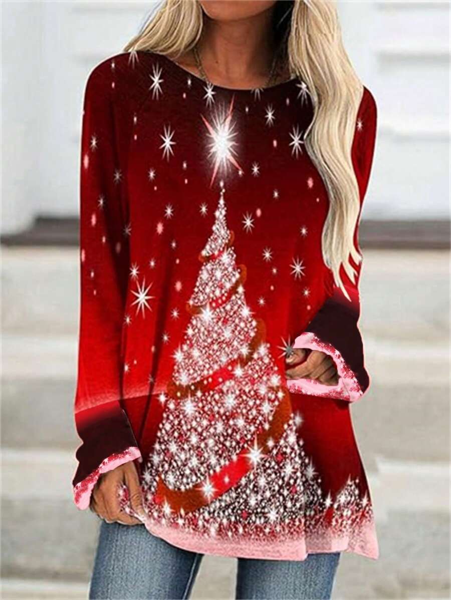 SHEIN EZwear Camiseta De Talla Grande Impresa Con Tema De Navidad - Rojo - Ver 1