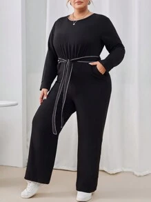 SHEIN Essnce 大尺碼女士拼色腰帶連身裤