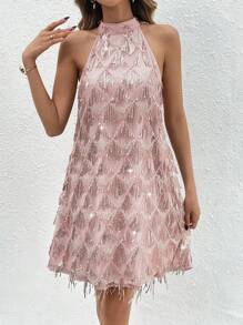 SHEIN Clasi 女款無袖亮片流蘇寬鬆連身裙 - 粉色 - 查看 1