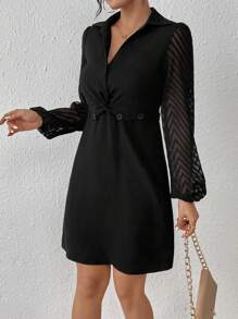 SHEIN Frenchy Women's Mesh Lantern Sleeve Dress Winter Elegant Black Evening Dress - Black - View 5