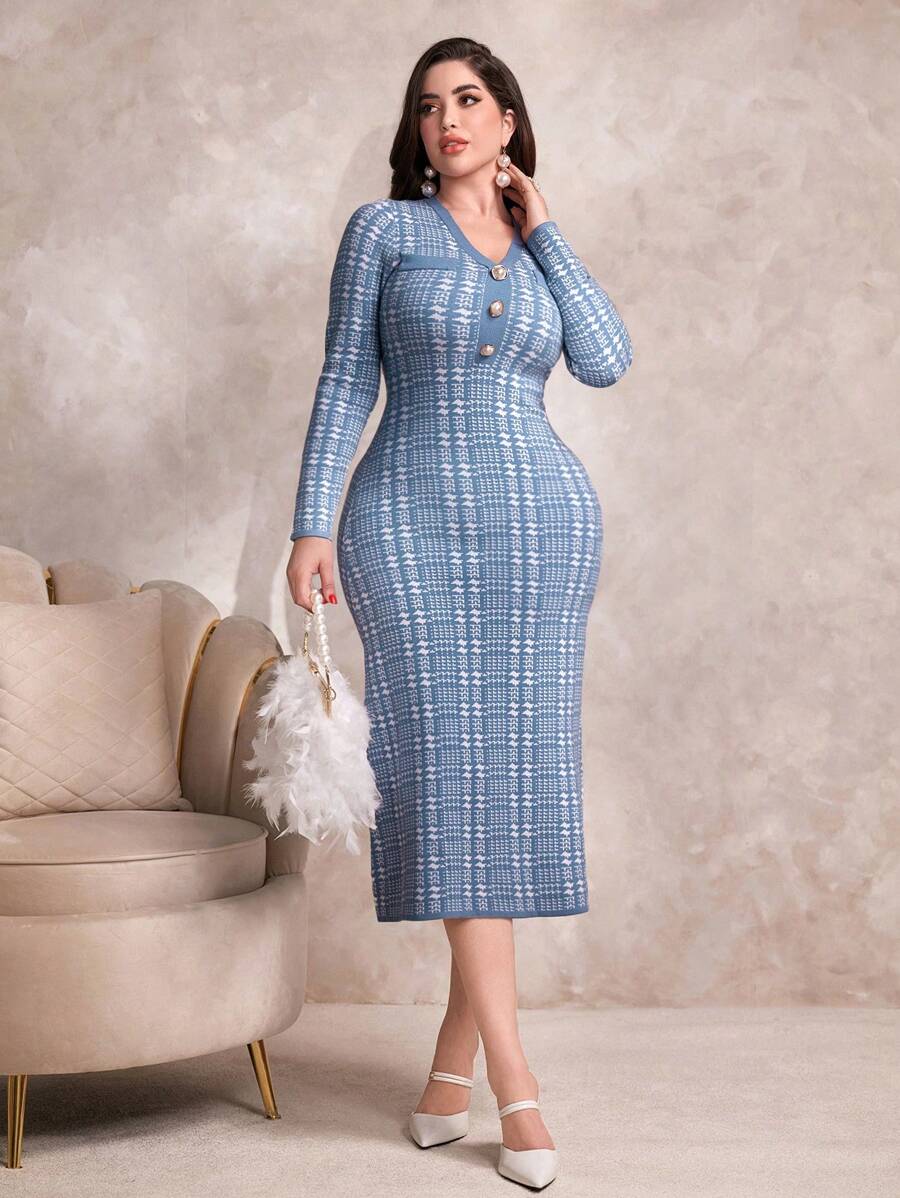 Modelyn 千鸟格纹修身长袖毛衣连衣裙 - 藍白色 - 查看 1