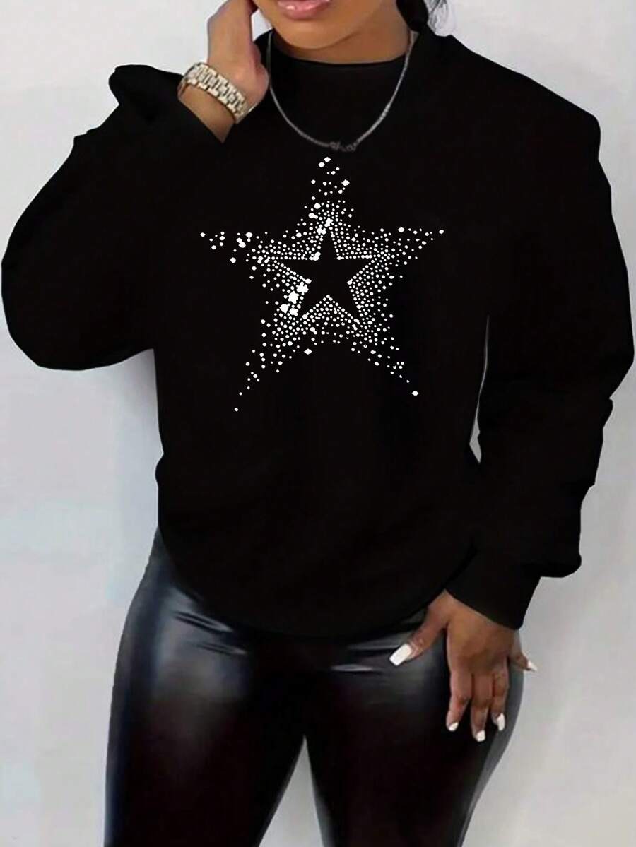 SHEIN EZwear 女士加大码星形印花抓绒卫衣 - 黑色 - 查看 1